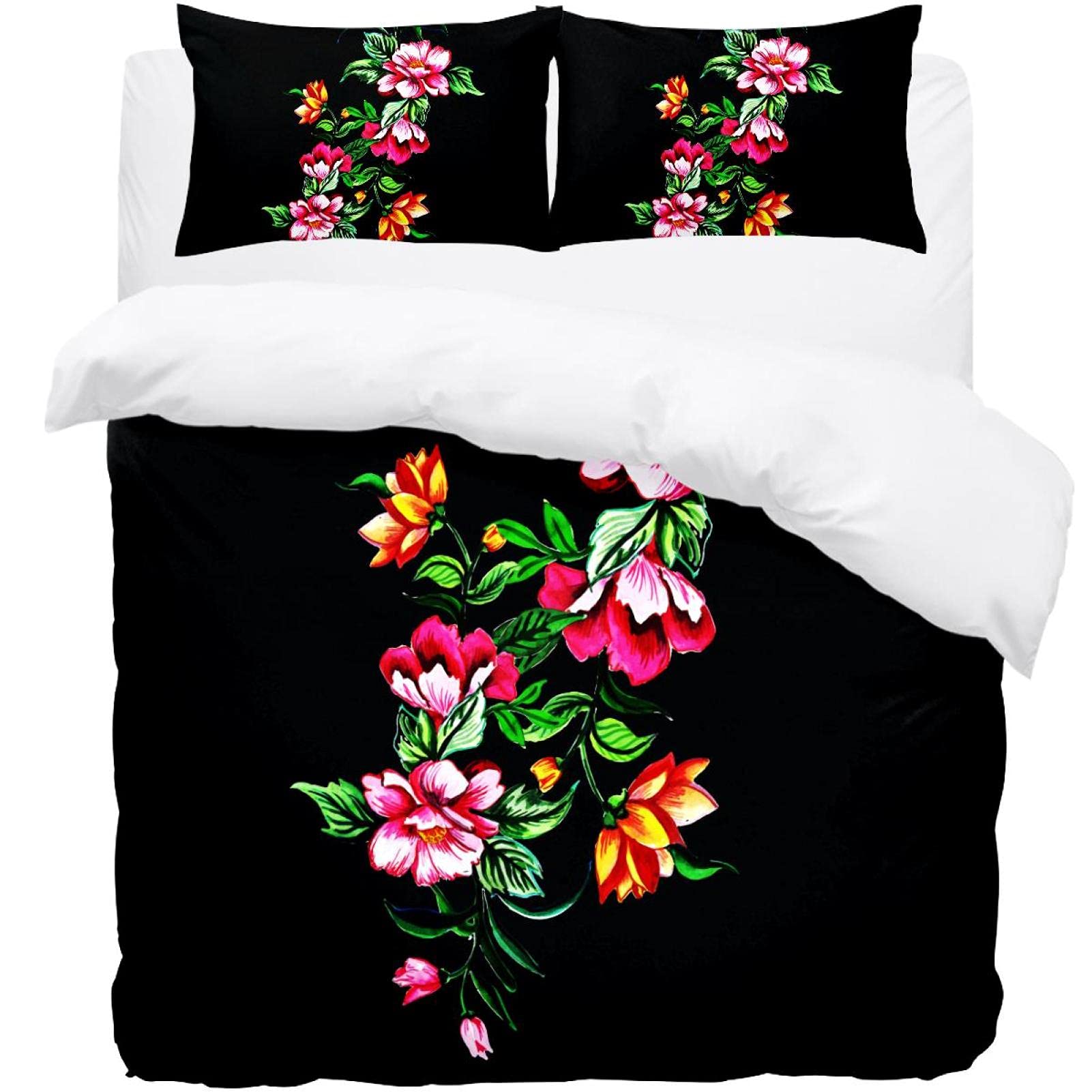 Housse de couette et 2 taies d'oreiller motif floral tropical noir pour chambre moderne
