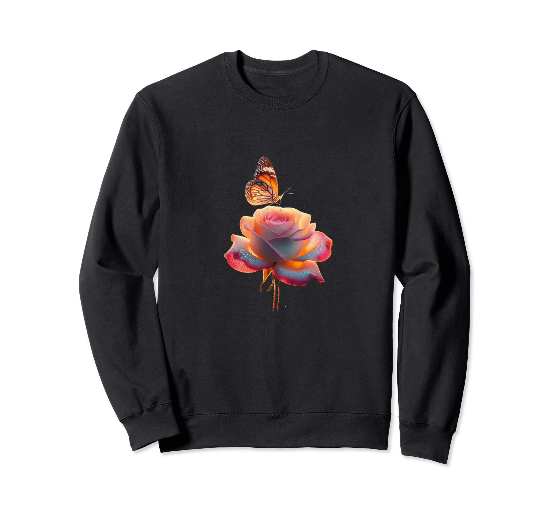 Colorful Rainbow Rose with Monarch Butterfly Nature Lover Sweatshirt
