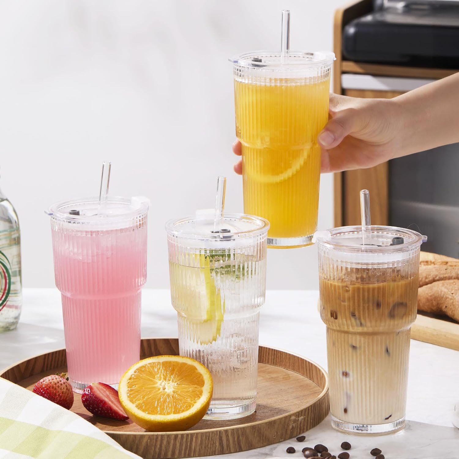 GOSCHE 20oz Glass Tumblers with Straws and Lids, Ribbed Iced Coffee Cups Leak-proof, Dishwasher Safe, Thickened Glass Cups with Lids Ideal for Coffee and Travel, Clear, 4 Pack - Image 8