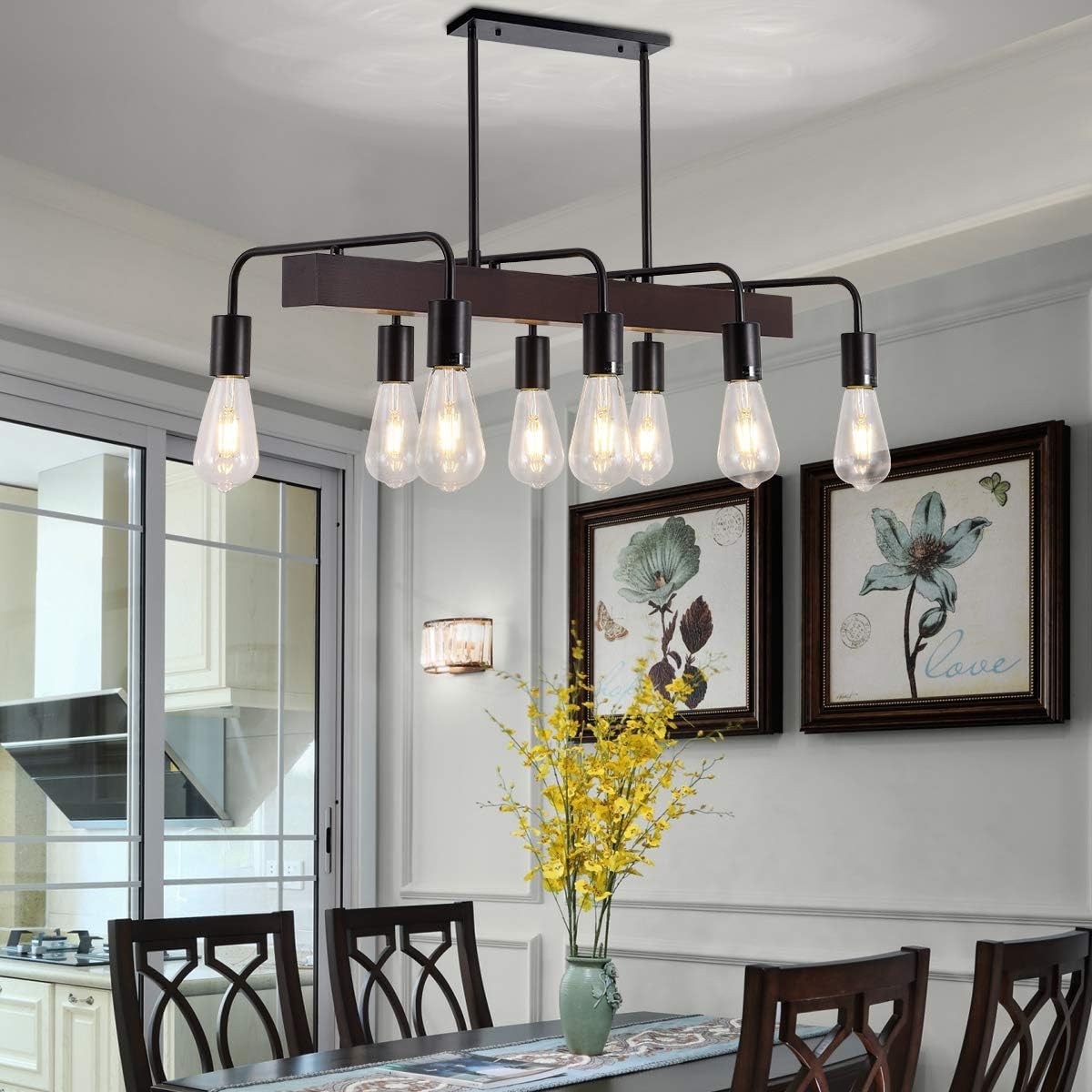 Super Sale 🛒 8-Light Rustic Farmhouse Kitchen Island Lighting, Wood and Metal Linear Chandelier, Modern Industrial Pendant Light Fixture for Kitchen Island Dining Room Living Room Table