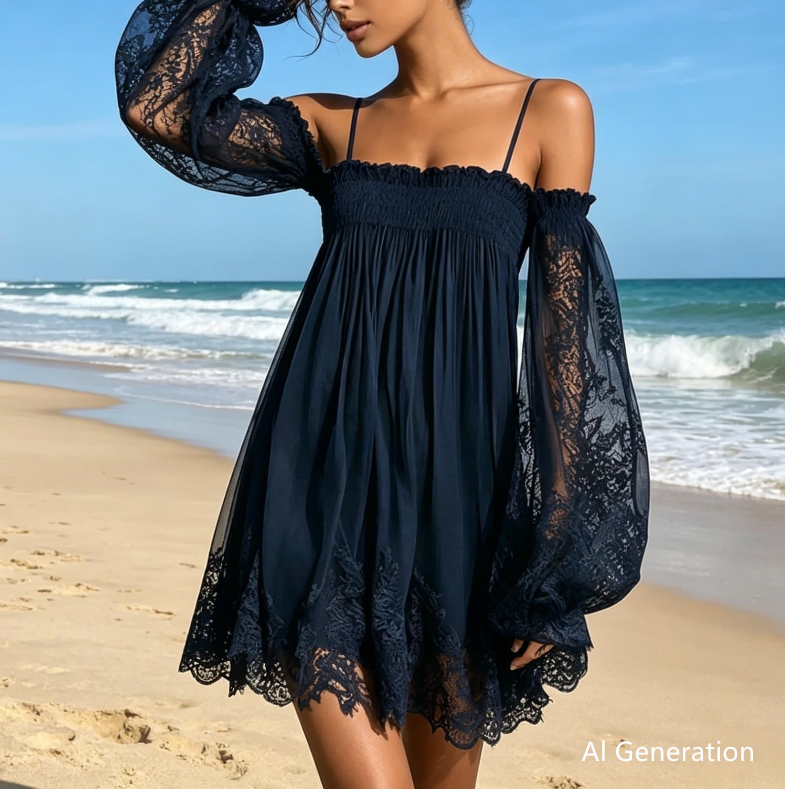 Minivestido Holgado de Manga Larga con Tirantes Finos y Encaje para Mujer | Minivestido azul marino de encaje con hombros descubiertos