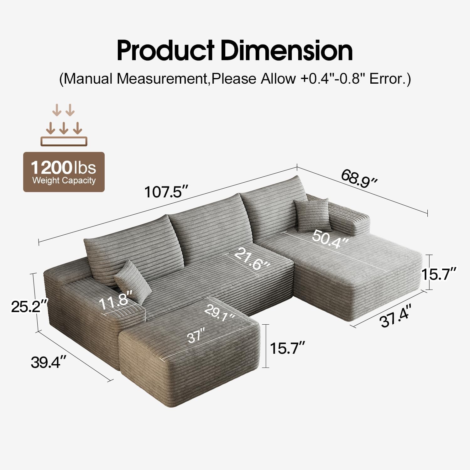 107" Comfy U-Shaped Sectional Modern Boneless Corduroy Couch with Chaise ‌and Ottoman‌ - No Assembly Required! Deep-Seat, Upholstered Modular Cloud Sofa for Living Room, Plush Corduroy Fabric(Grey) Grey 2 seater+Right Facing Chaise+ottoman