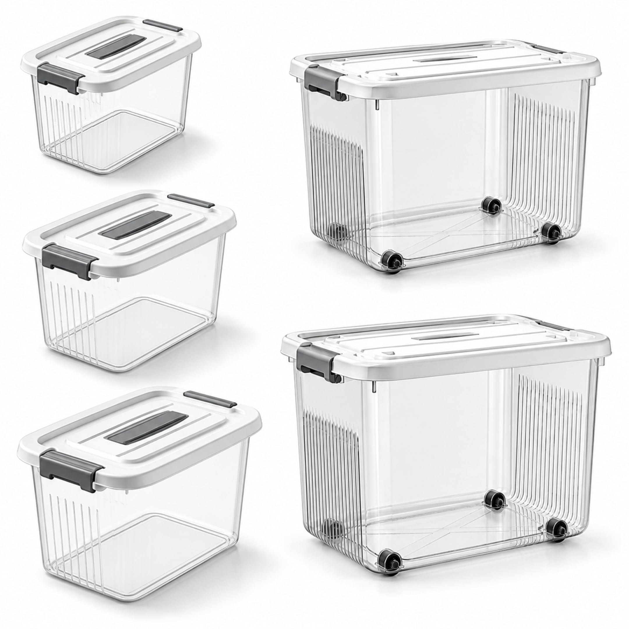 kreps® plastic storage with latching lids stackable storage containers for organizing, large storage box for bedroom, classroom, kitchen, garage, office. (transparent, combo)