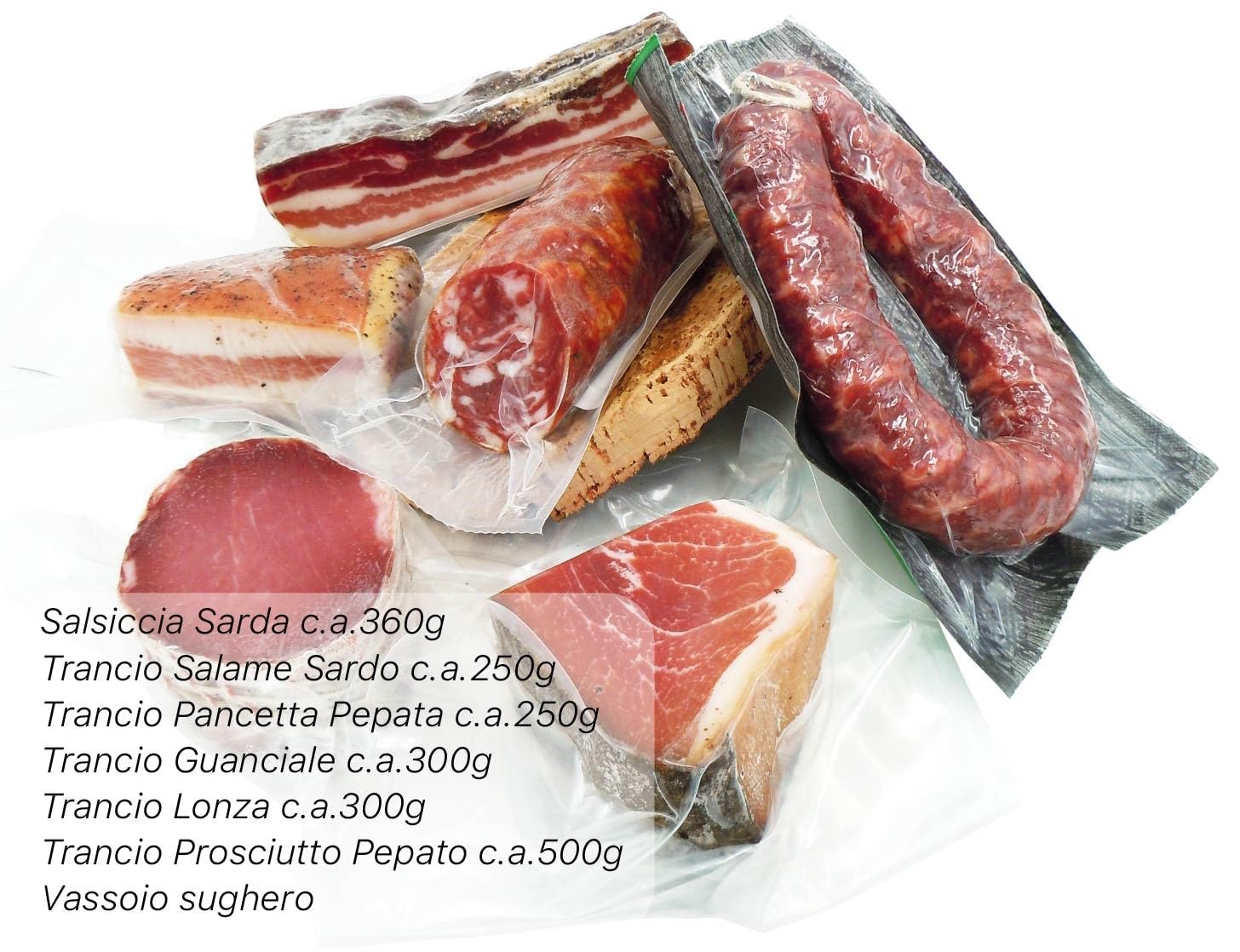 Salumi Murru | Box Degustazione 2 Salumi Sardi Artigianali | Confezione Aperitivo con Salsiccia Curva, Pancetta, salame, guanciale e sgambato pepato e vassio in sughero| Specialità Tipiche Sarde