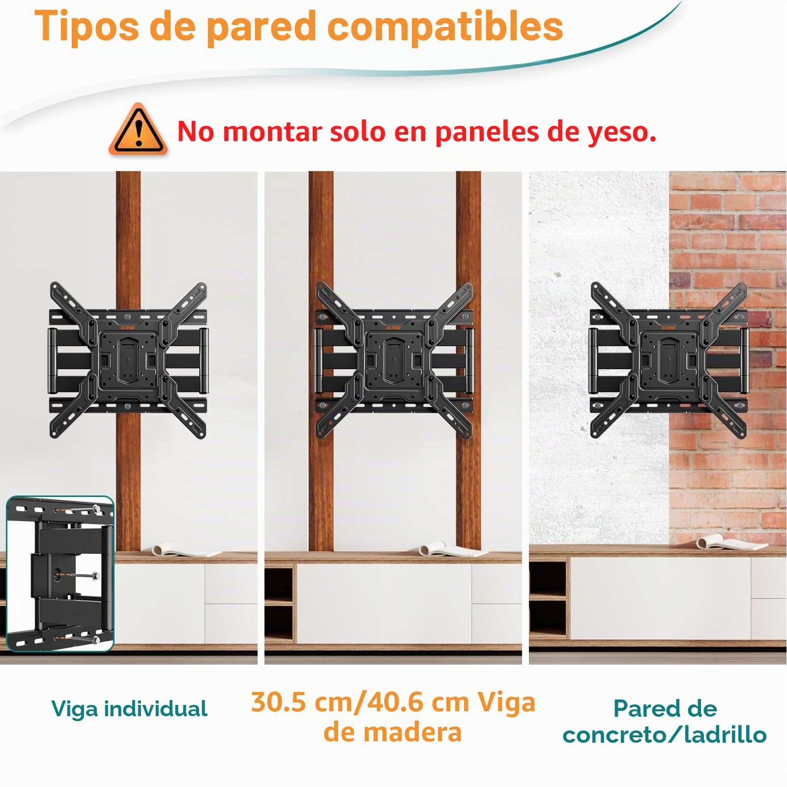 ELIVED Soporte de pared ultra delgado para televisores de 26 a 60 pulgadas, soporte de pared de perfil bajo, soporte de pared para TV giratorio e inclinado, máx. VESA 400 x 400 mm, soporta hasta 40 kg