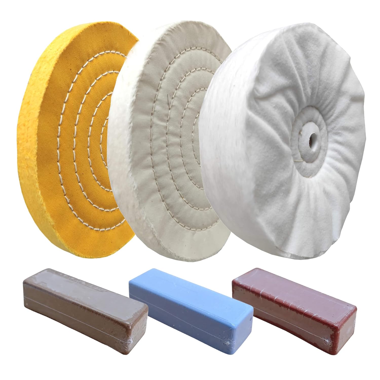 6PC 8 Inch Buffing Wheel Kit for Bench Grinder, for Polishing Jewelry and Soft Metals, Kit Includes 3PC 8 Inch Buffing Wheels with 5/8 Inch Arbor Hole and 3PC 100g Bar Polishing Compound