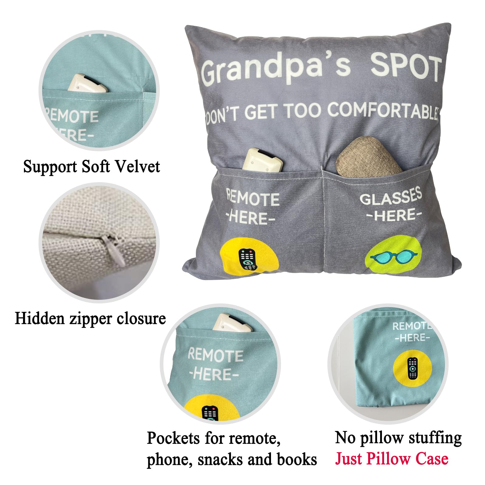 ONFAON Grandpa's Spot Throw Pillow Cover - 18x18 Inches, 3 Pockets For Phone & Remote - Fun Gift For Dad, Stepdad, Grandpa