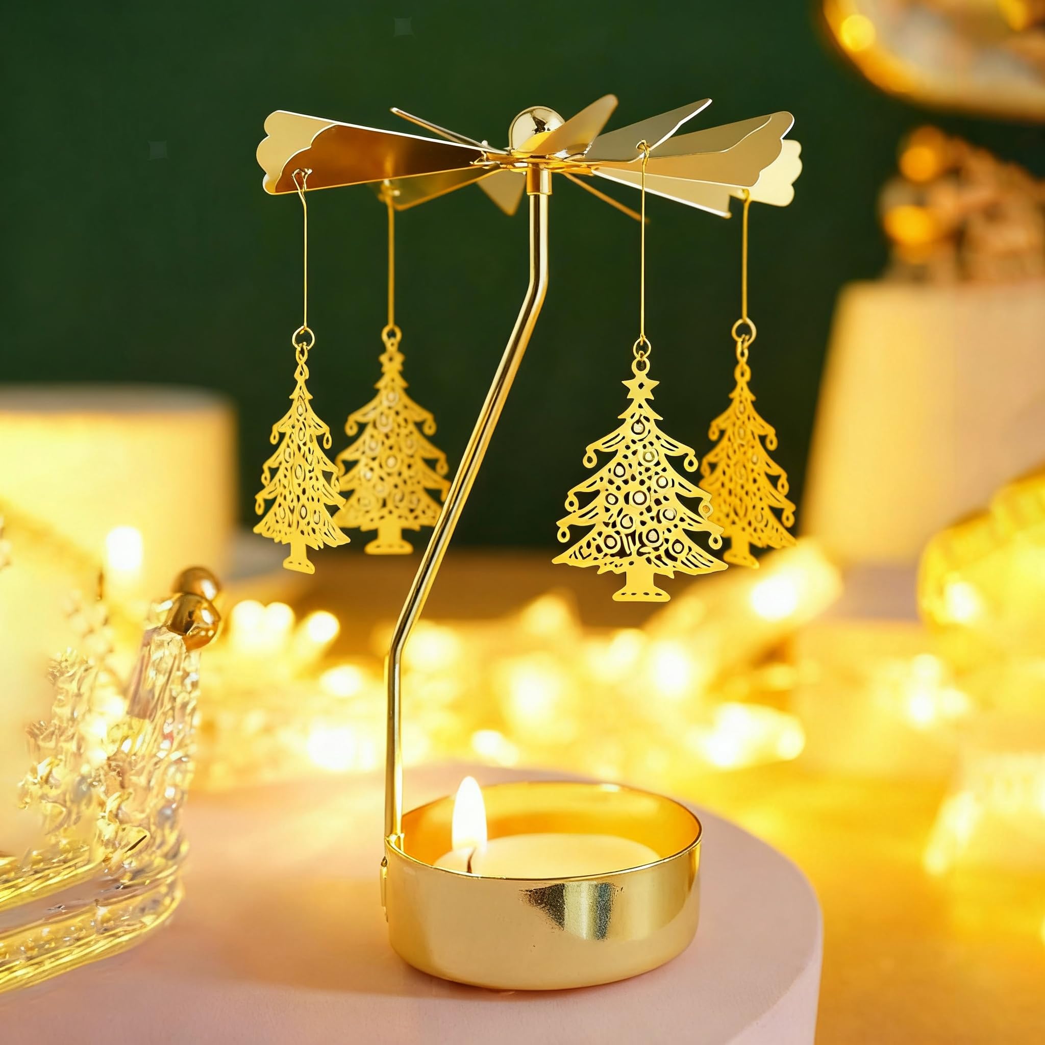 4Everhope Chirstmas Tree Rotating Candle Holder, Gold Spining Metal Tealight Candle Holder For Christmas, Valentine's Day, Party Table Decor, Wedding (Chirstmas Tree)