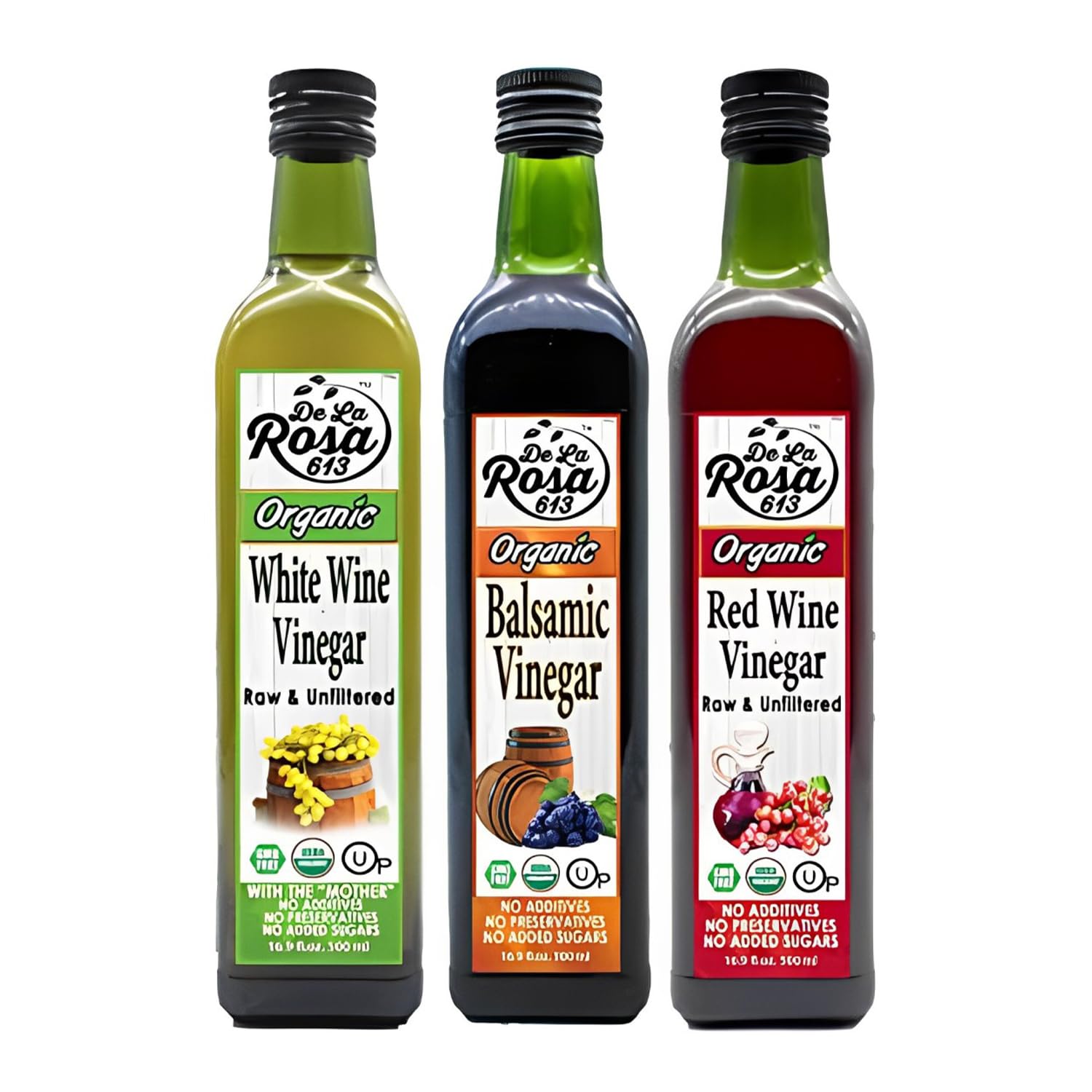 De La Rosa Organic White Wine, Red Wine & Balsamic Vinegar, Vegan, Kosher, Non-GMO & Gluten Free, Great for Salad Dressing, Marinades & More 16.9 Oz (Pack of 3)