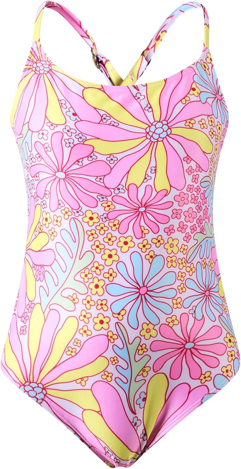 Angel season Girls One Piece Swimsuits Teens Bathing Suit Straps Kids Cute Swimwear with UPF 50+ Daisy Halter Size 7-14 7-8 Years Pink Daisy Flower