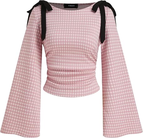 CIDER Tops Gingham Bowknot Ruched Long Sleeve Boat Neck Slim Fit Top