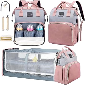 UR Choice Baby Diaper Bag With Changing Station, Travel Waterproof Diaper Bagpack For Mom Dad With USB Charging Port, Large Capacity & Multifunctional With Insulated Pacifier Case - Pink