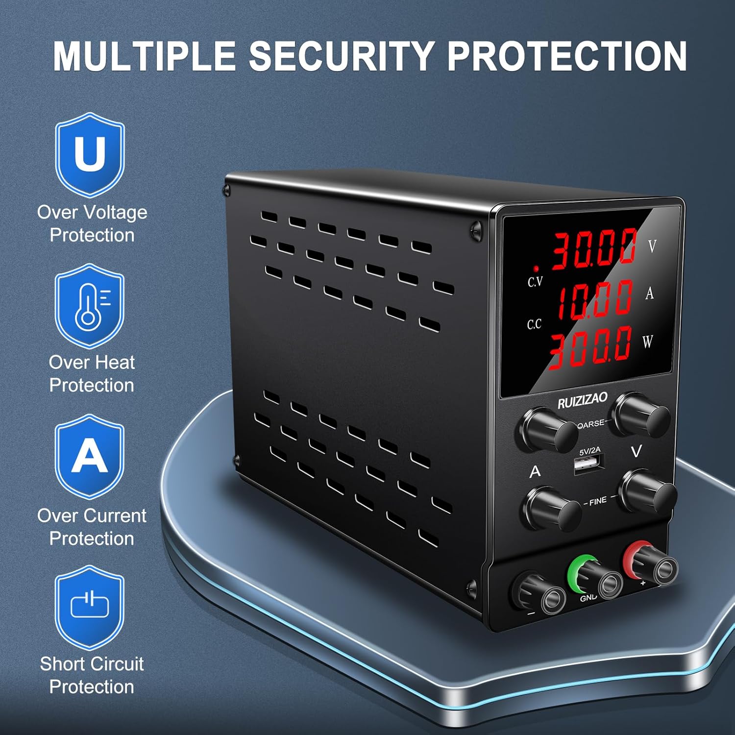 RUZIZAO SPS3010 DC Power Supply highlighting multiple security protections