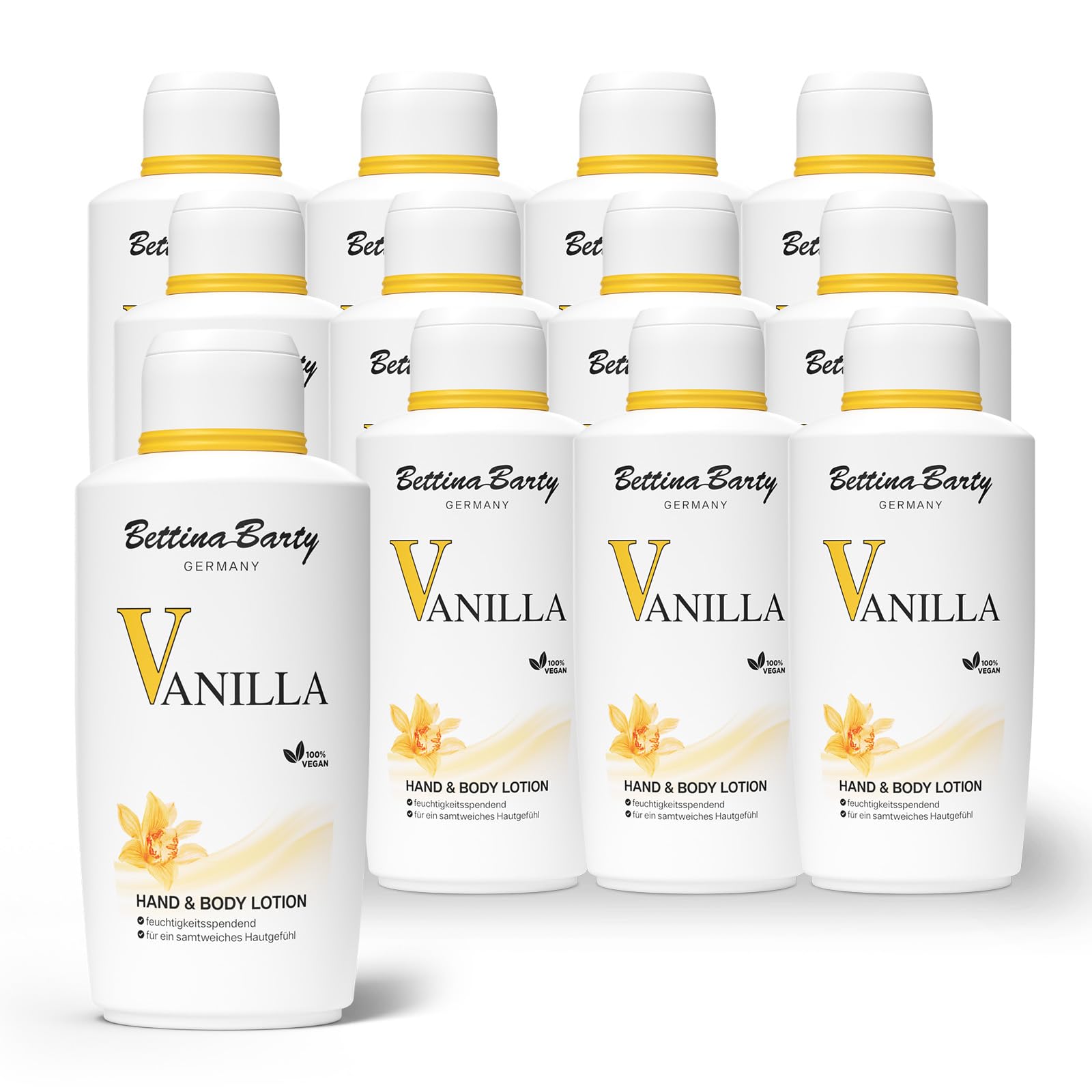 Bettina Barty Vanilla Hand & Body Lotion 12 x 500 ml – Feuchtigkeitspflege mit Vanilleduft für Haut & Hände – Für trockene Haut – Mit schnell einziehender Formel