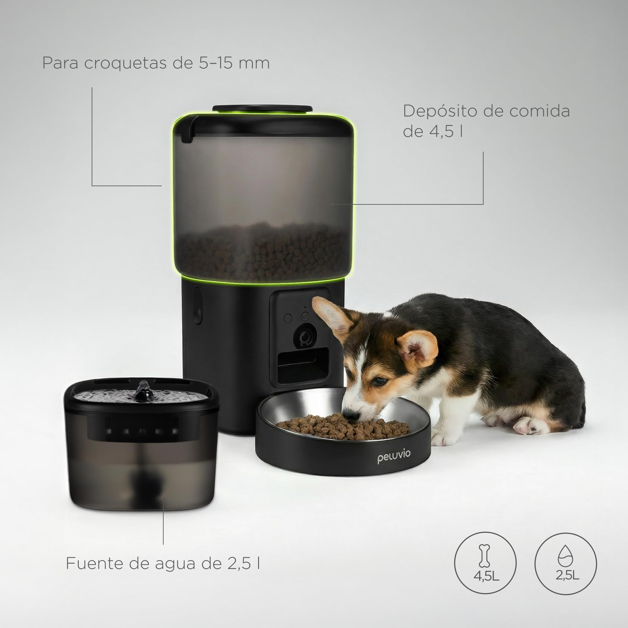Feast Comedero Automático para Perros con Cámara 3MP y Visión Nocturna, Control por App Wi-Fi, Programable 5 Comidas, Depósito 4,5 l con Desecantes, Fuente de Agua con Filtro 2,5 l