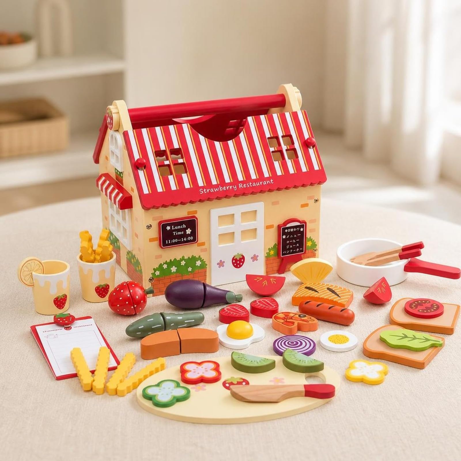 Cibo Finto in Legno con Scatola | Didattico, Set Ristorante Giocattolo in Legno, Naturale, per Casa, giochi, Scuola Dell'infanzia