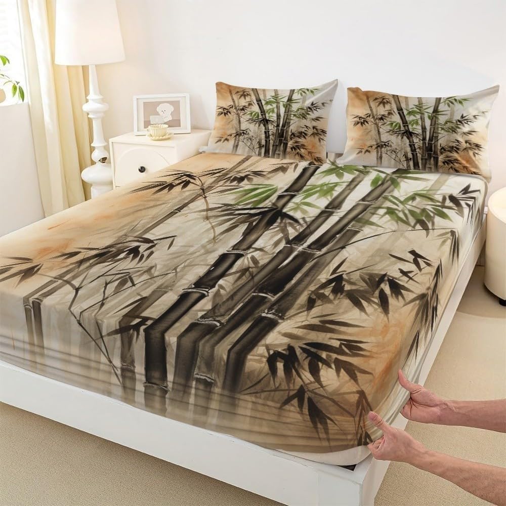 Sabana Bajera 135x190 Bambú Zen Sabanas Bajeras Estampadas Retro Sábana Bajera Ajustable Suaves, Elastico Funda Colchon con 2 Funda Almohada 50x80 cm, para Colchón de 30cm de Altura