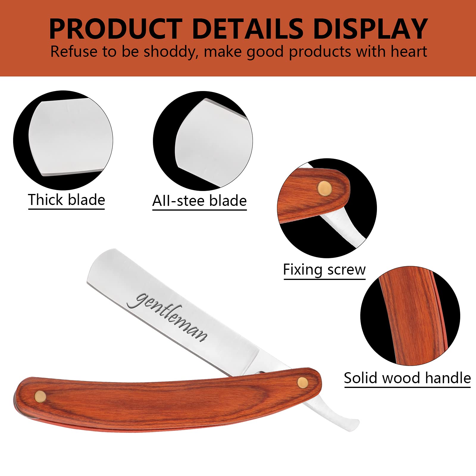 OXYEFEI Straight Edge Razor, Personalized Men's Wooden Straight Edge Razor Stainless Steel Straight Edge Blade Retro Wooden Handle, A Gift For Father For Haircut Razor (Red)