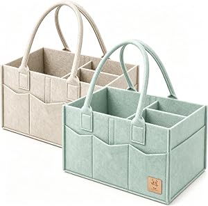 HIPHOP PANDA 2-Pack Diaper Caddy Organizer - Nursery Storage Bin & Car Organizer for Diapers, Wipes, and Baby Essentials - Dual-Color Solid Set (Green/Oatmeal), Large Size