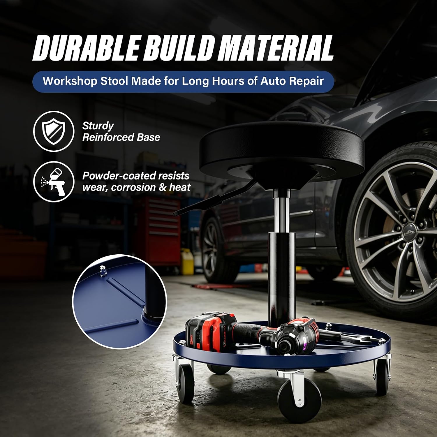 LWW Rolling Mechanic Stool,Adjustable Height 16.3"-21.2",300 LBS Capacity