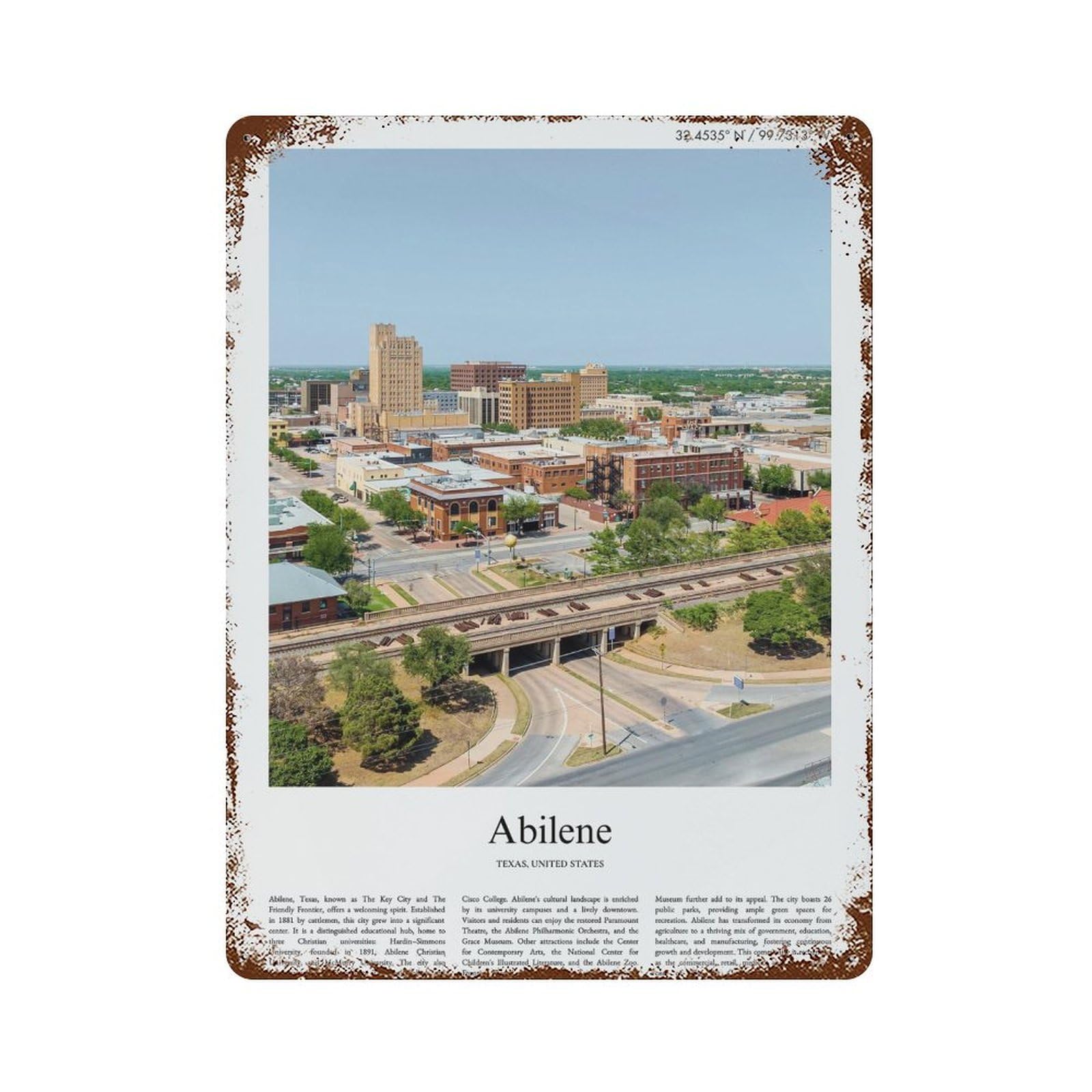 xiaoxiaoshen AbileneTexas, United States, USA City Scenery Wall Decor Art Metal Tin Poster Modern Home Decor Art Home Bar Shop Decorations Vintage Sign 40x30cm