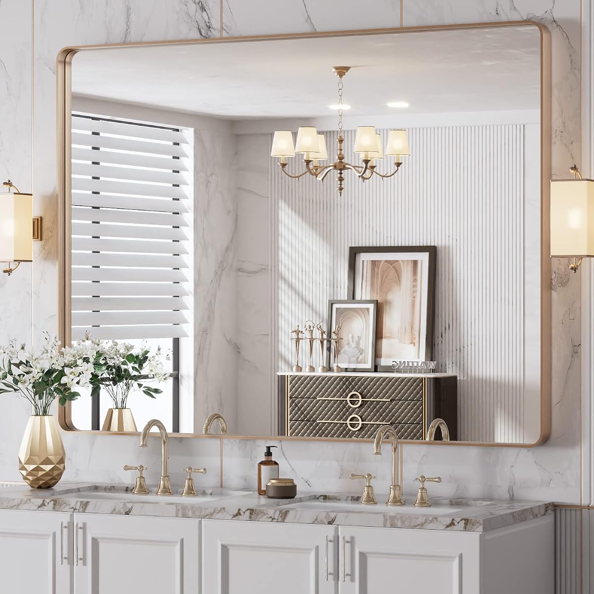 LOAAO Espejo de baño dorado de 48 x 36 pulgadas, espejo rectangular redondeado con marco dorado, espejo de tocador de baño de oro cepillado montado en la pared, antioxidante, vidrio templado, se cuelga horizontal o verticalmente | Rectángulo redondeado, marco de oro cepillado, montaje en pared, antioxidante, vidrio templado, se cuelga horizontal o verticalmente
