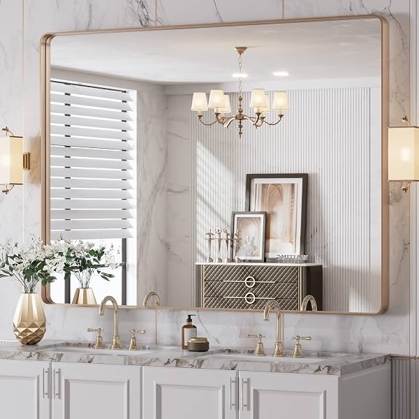 Espejo de baño LOAAO 48”x36” dorado, marco rectangular redondeado dorado, espejo de tocador de baño cepillado dorado para montar en pared, antióxido, vidrio templado, se cuelga horizontal o verticalmente | Rectángulo redondeado, marco cepillado dorado, montaje en pared, antióxido, vidrio templado, se cuelga horizontal o verticalmente