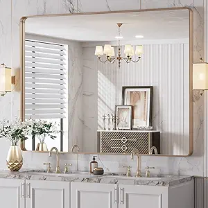 LOAAO 48”X36” Gold Bathroom Mirror, Rounded Rectangle Gold Frame Mirror, Brushed Gold Bathroom Vanity Mirror Wall-Mounted, Anti-Rust, Tempered Glass, Hangs Horizontally or Vertically