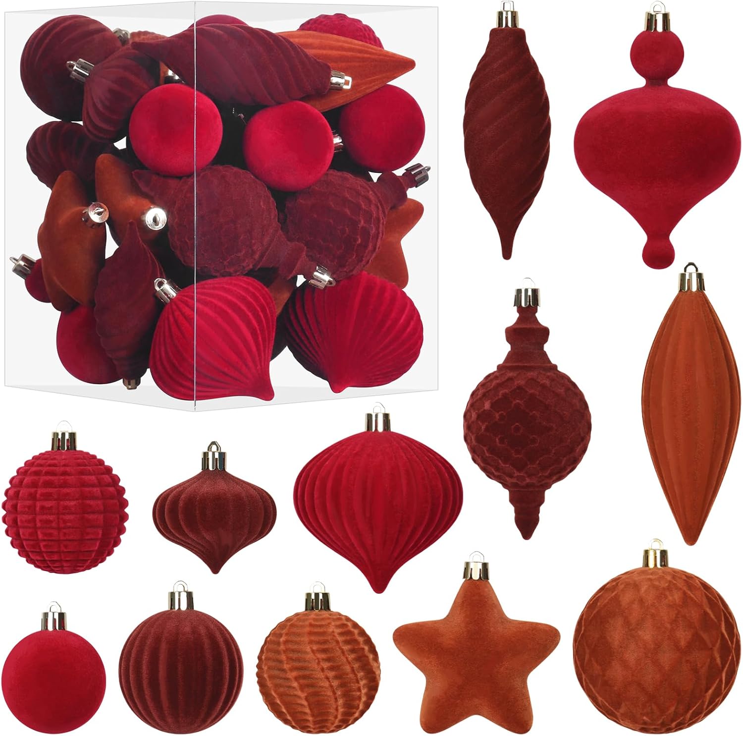 SY Super Bang 30PCS Velvet Christmas Ornaments Set, Flocked Shatterproof Assorted Hanging Xmas Tree Ball Decorations, for Home Party Holiday Decor, Coffee, Burgundy