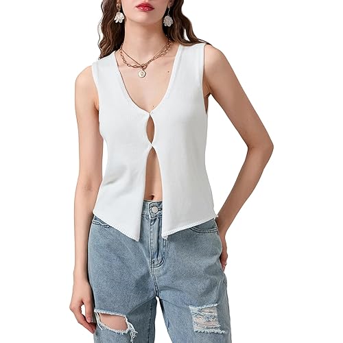 Fernvia Women's V Neck Sleeveless Button Down Crochet Vest Top