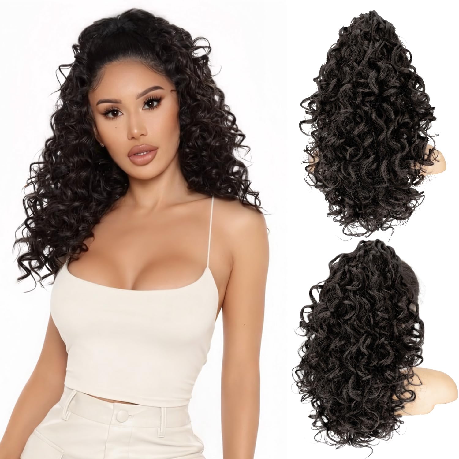 ORSUNCER Ponytail Extension, Claw Clip Pony Tails Hair Extensions, 18 Inch Curly Ponytail Natural Synthetic Hairpiece for women Ombre Black Mix Blonde