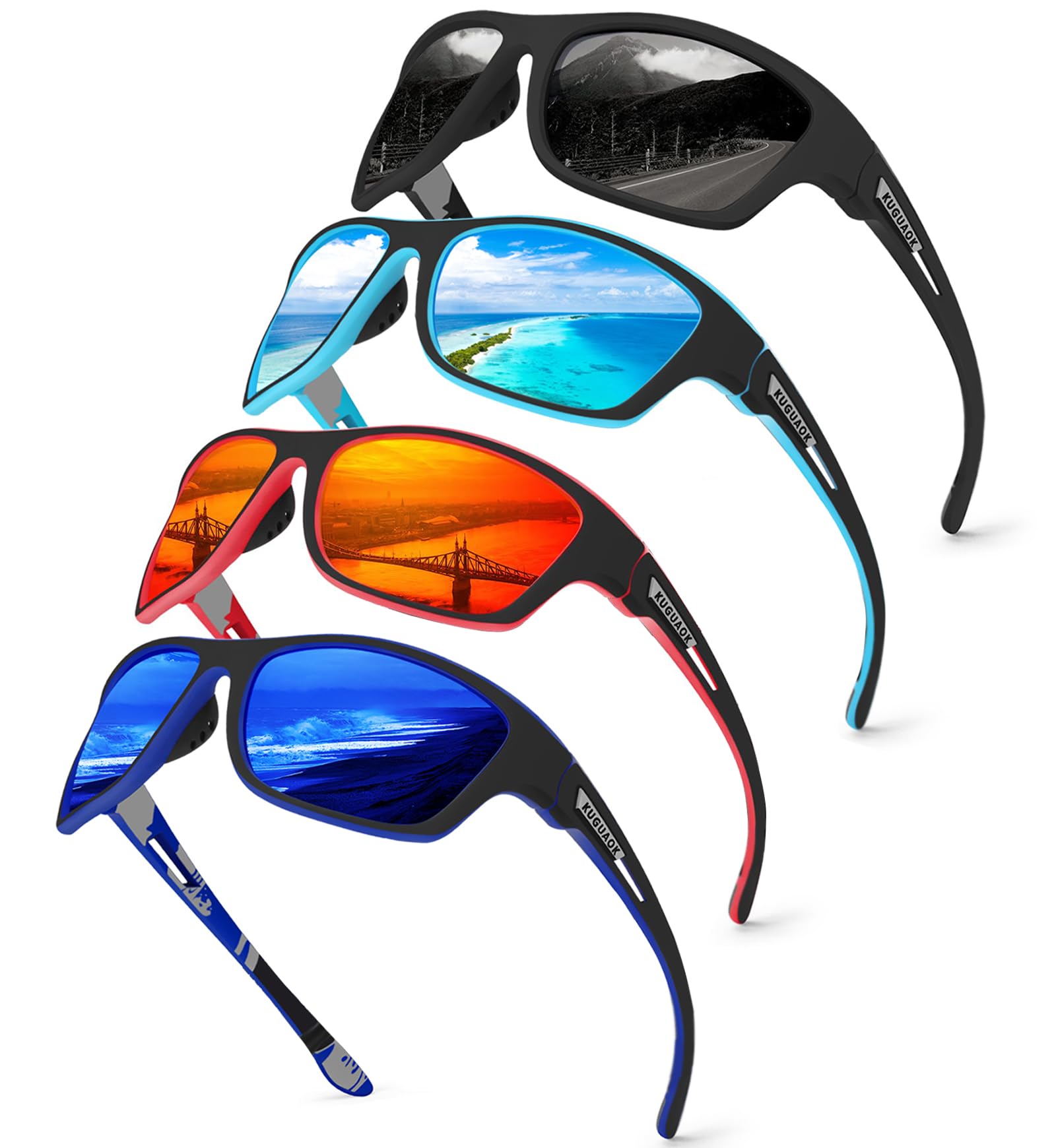 KUGUAOK Paquete de 4 lentes de sol deportivos polarizados para hombre, protección UV, gafas de sol envolventes para correr