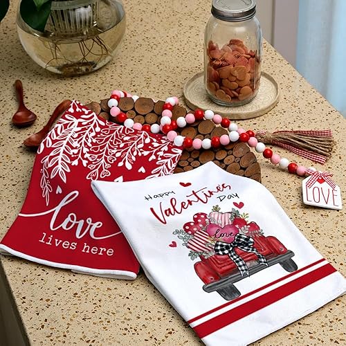 Miniatura 5 de ARKENY AD167 - Juego de 2 toallas de cocina para el día de San Valentín, diseño de búfalo rojo, hojas de amor, 18 x 26 pulgadas, decoración de boda