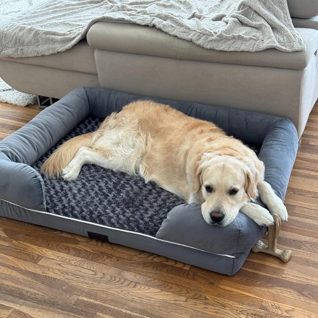 Sofá cama ortopédico extragrande impermeable de espuma viscoelástica para perro, funda extraíble lavable, duradera, piel suave antiansiedad, cama ortopédica para perros XL, 111 x 86 x 25 cm,