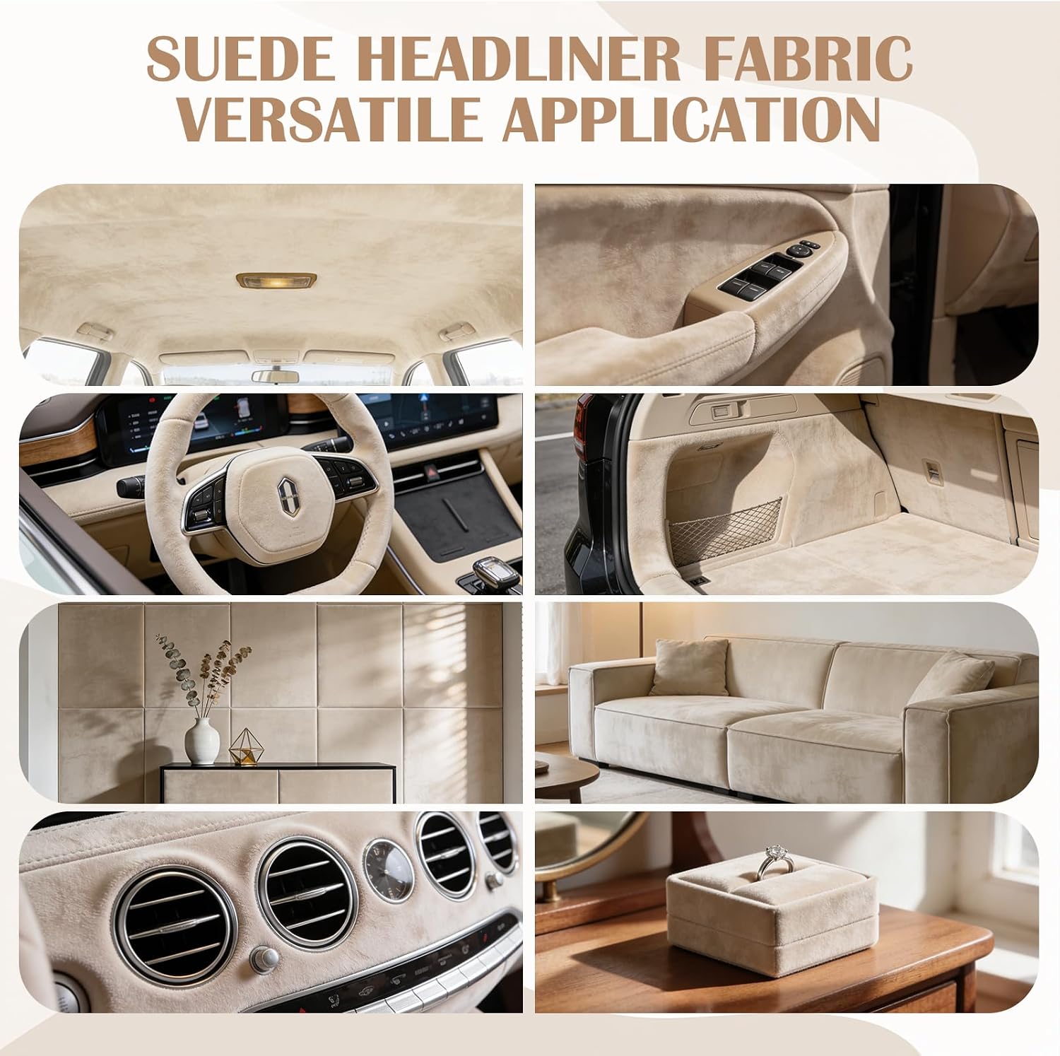 Suede Headliner Fabric 120" x 60" Headliner Material with 1/9" Foam Backing, Automotive Interior Replacement Upholstery Material for Car, Truck, SUV, RV, Boat & Home DIY Roof Repair (Beige)