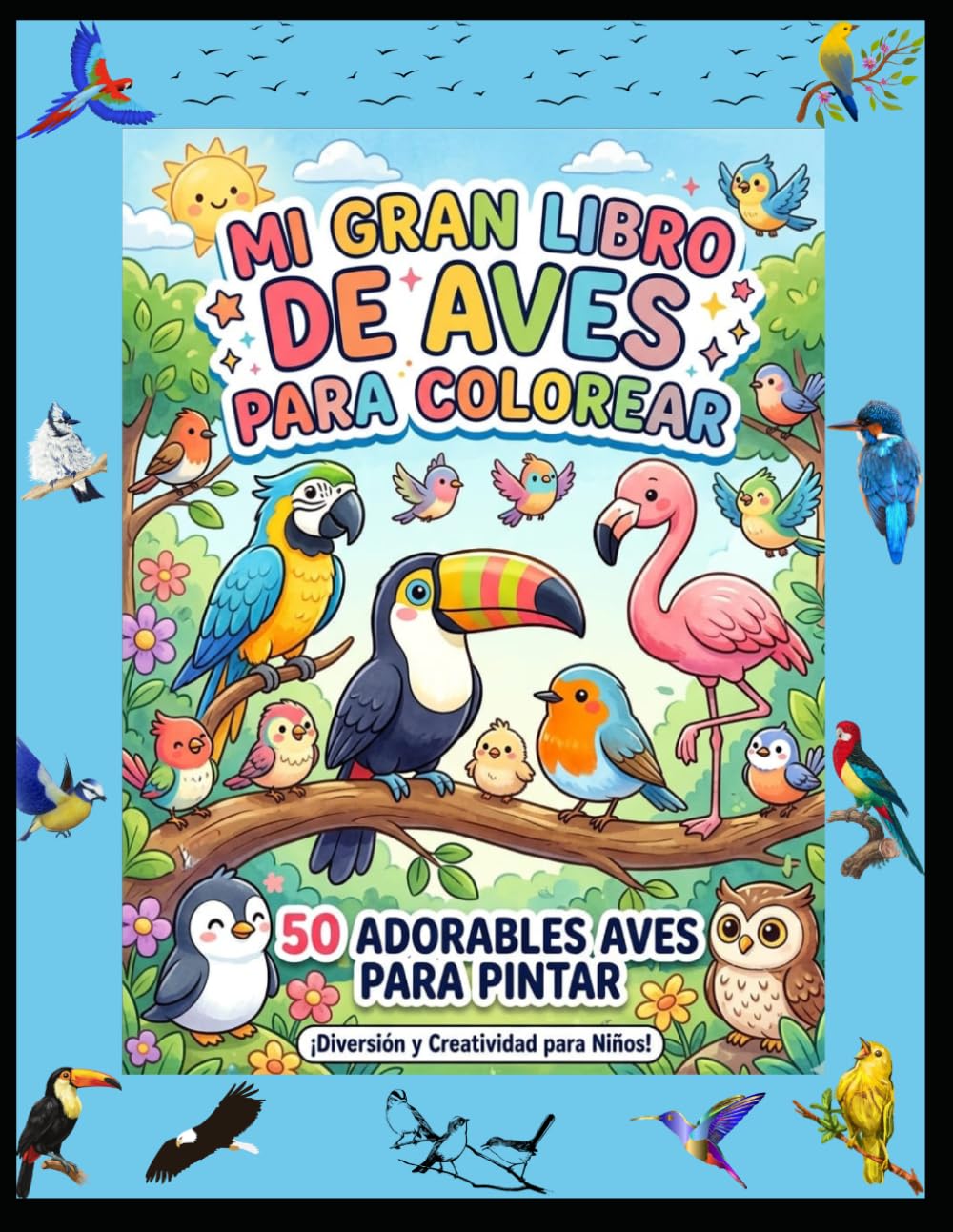 Mi Gran Libro de Aves para Colorear: 50 Adorables Pájaros para Niños de 3 a 5 Años: Libro de Colorear Infantil con Animales, Dibujos Fáciles, ... y Desarrollo Motor para Niños y Niñas