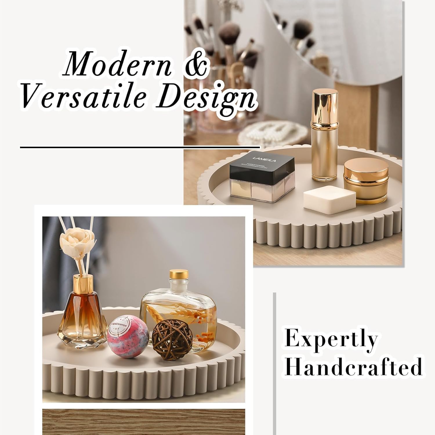 Handmade 12in Decorative Tray for Coffee Table Tray Decor, Gray Wooden Decorative Round Tray for for Coffee Table, Dining Room Table Entryway and Living Room Table - Image 5