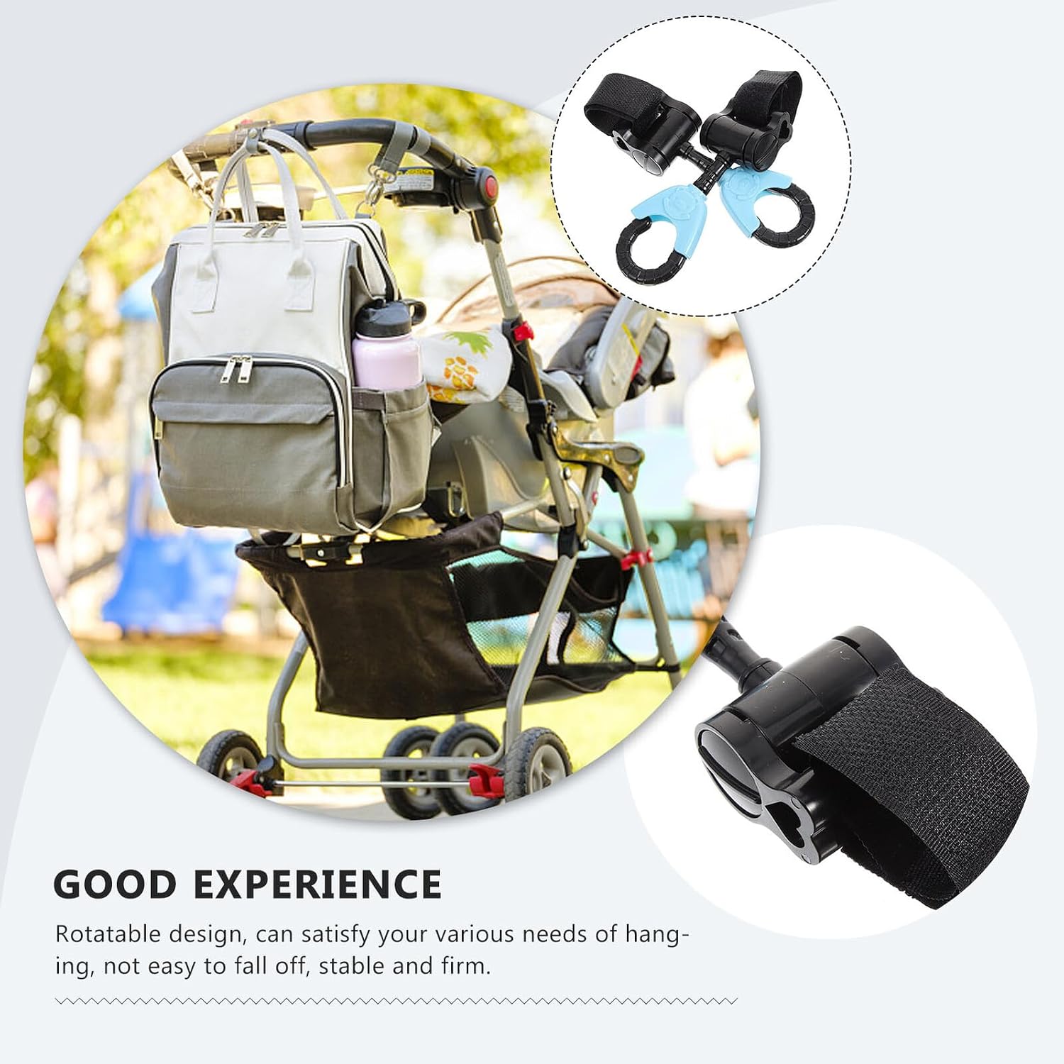 2 pcs Rotating Stroller Hooks for Diaper Bag Hanging Plastic Multi-Purpose Bag Holders Compatible with Strollers Bicycles and Bikes Easy Installation Blue
