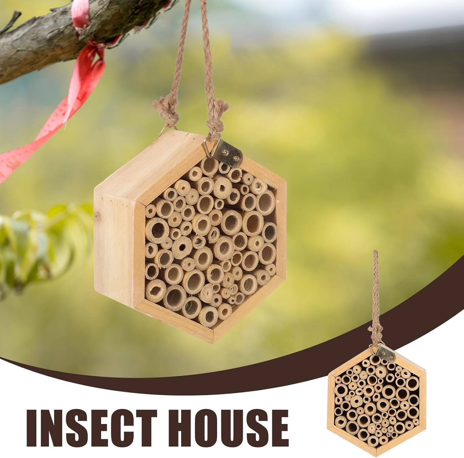 Wooden Bee House Natural Insect Hotel for Garden Pollinators Outdoor Hanging Bee Nest Box with Hexagonal Design and Butterflies
