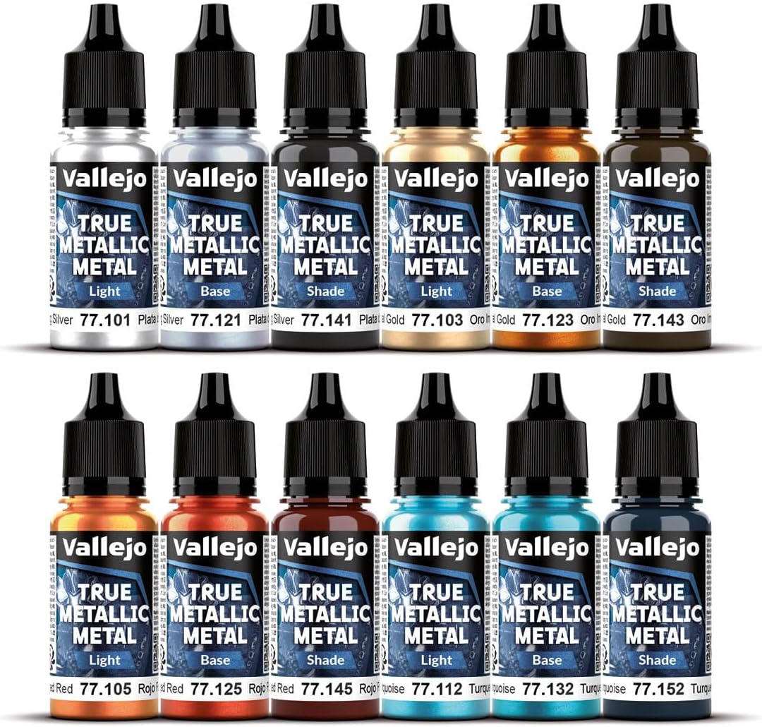 Vallejo - True Metallic Metal Starter Set, 12 Bottles x 18 ml (0.6 fl oz) Acrylic TMM Colors with Brush and Miniature Included, Model Paint Set for Brush Painting, BSL System
