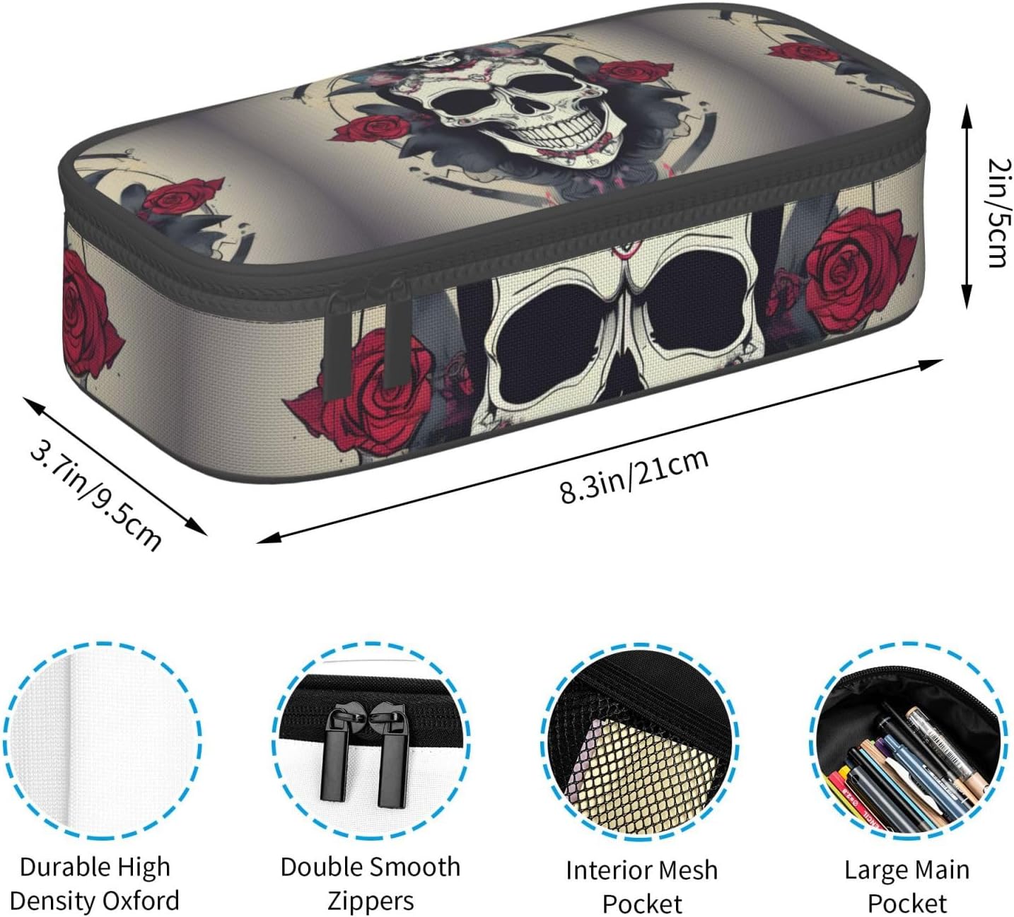 Skull Yoga Print Large Capacity Layered Pencil Pouch, Zipper Storage Bag with Mesh Pocket & Pen Slots image 5