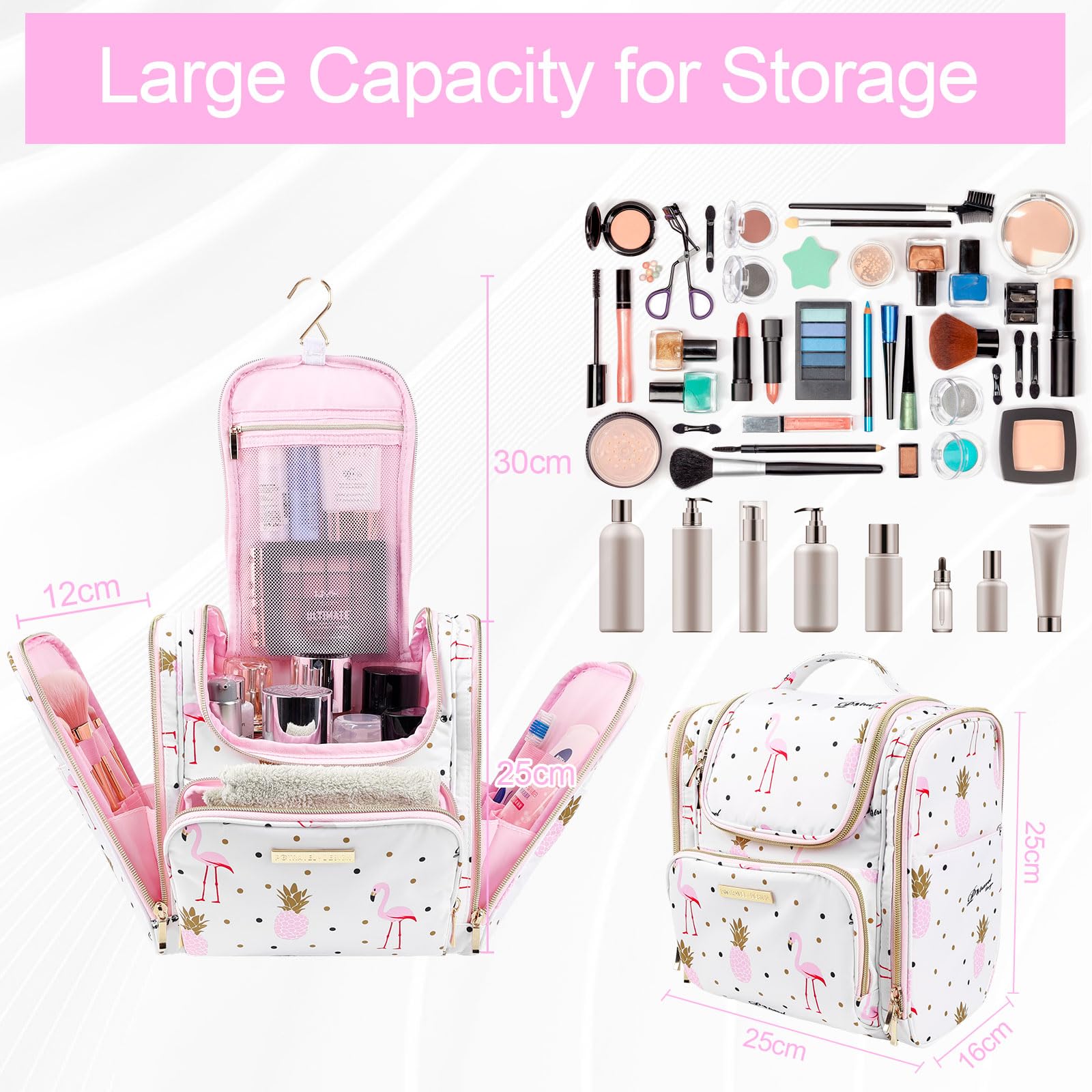 Beauty Case da Viaggio per Donne, Lychii Borsa da Toilette Con Gancio, Impermeabile Trousse Trucchi Cosmetici Organizer - Fenicottero