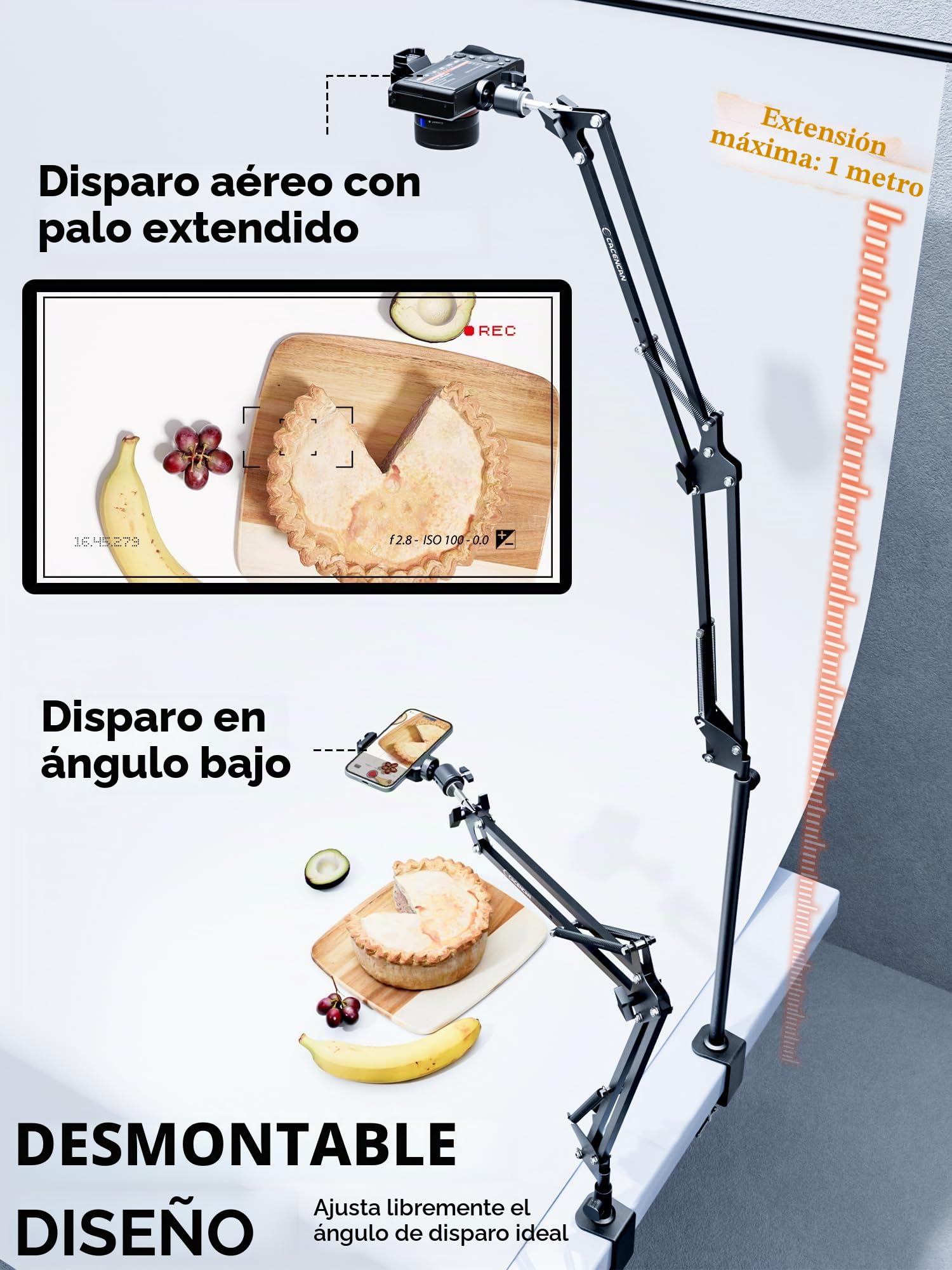 Trípode para cámara superior [40 cm de altura] – Soporte profesional para cámara flexible, brazo articulado, soporte de mesa y adaptador de tornillo de 1/4 pulgadas para grabación de vídeo de teléfono