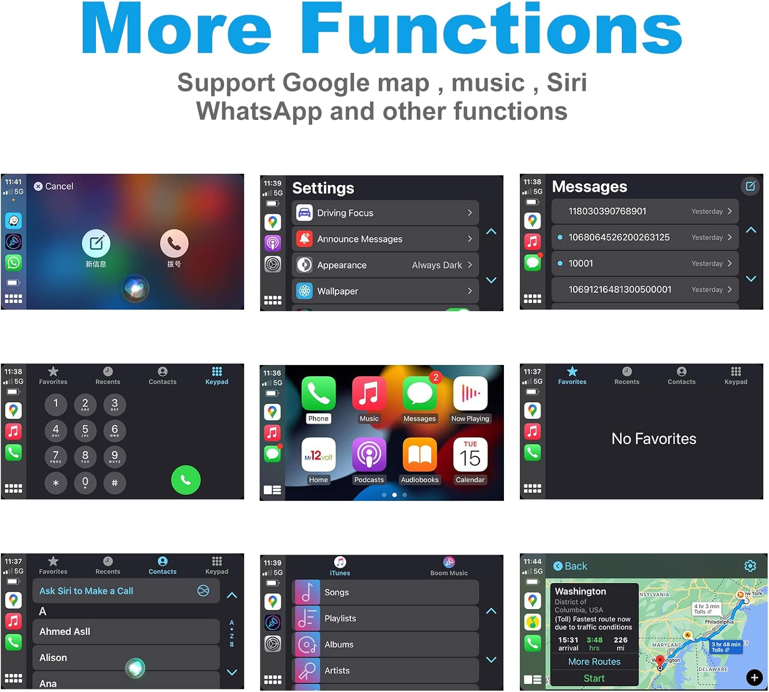 CarPlay and Android Auto interface showing various functions like Google Maps, Music, Siri, WhatsApp