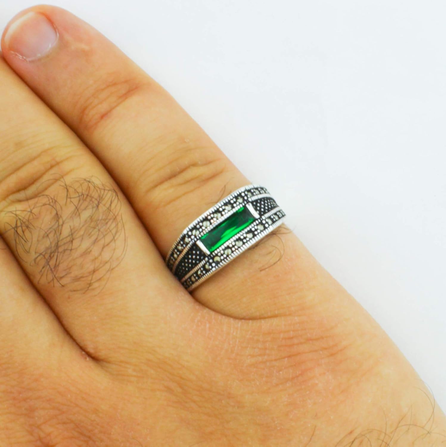 Solid 925 Sterling Silver Turkish Handmade with Baguette Cut Simulated Green Emerald Stone & Marcasite Stone Men's Band Ring