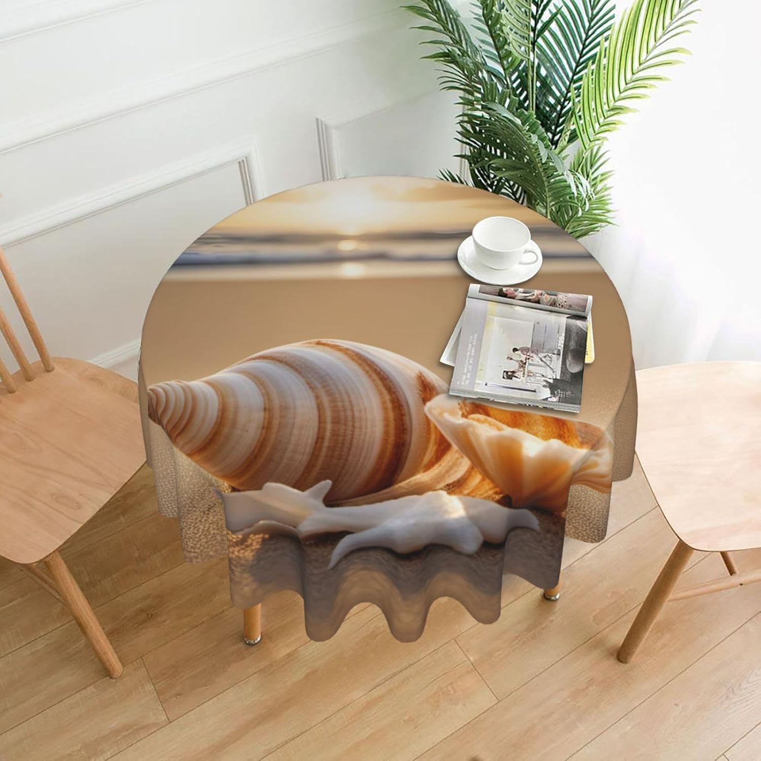 Seashell Landscape On The Beach Print Wrinkle Free Dining Table Cover for Birthday Party Farmhouse Tablecloths Up to 60 x 60 Inches