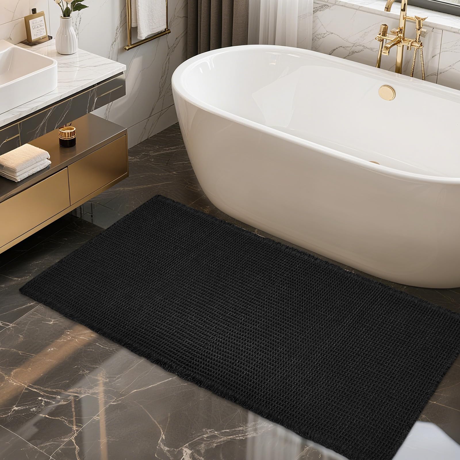 Photo 1 of ZALL Waffle Bath Mat Black Super Absorbent Non Slip Bathroom Rug,Rhombus Geometric 24x48inch,Machine Washable Ultra Soft Floor Mats
