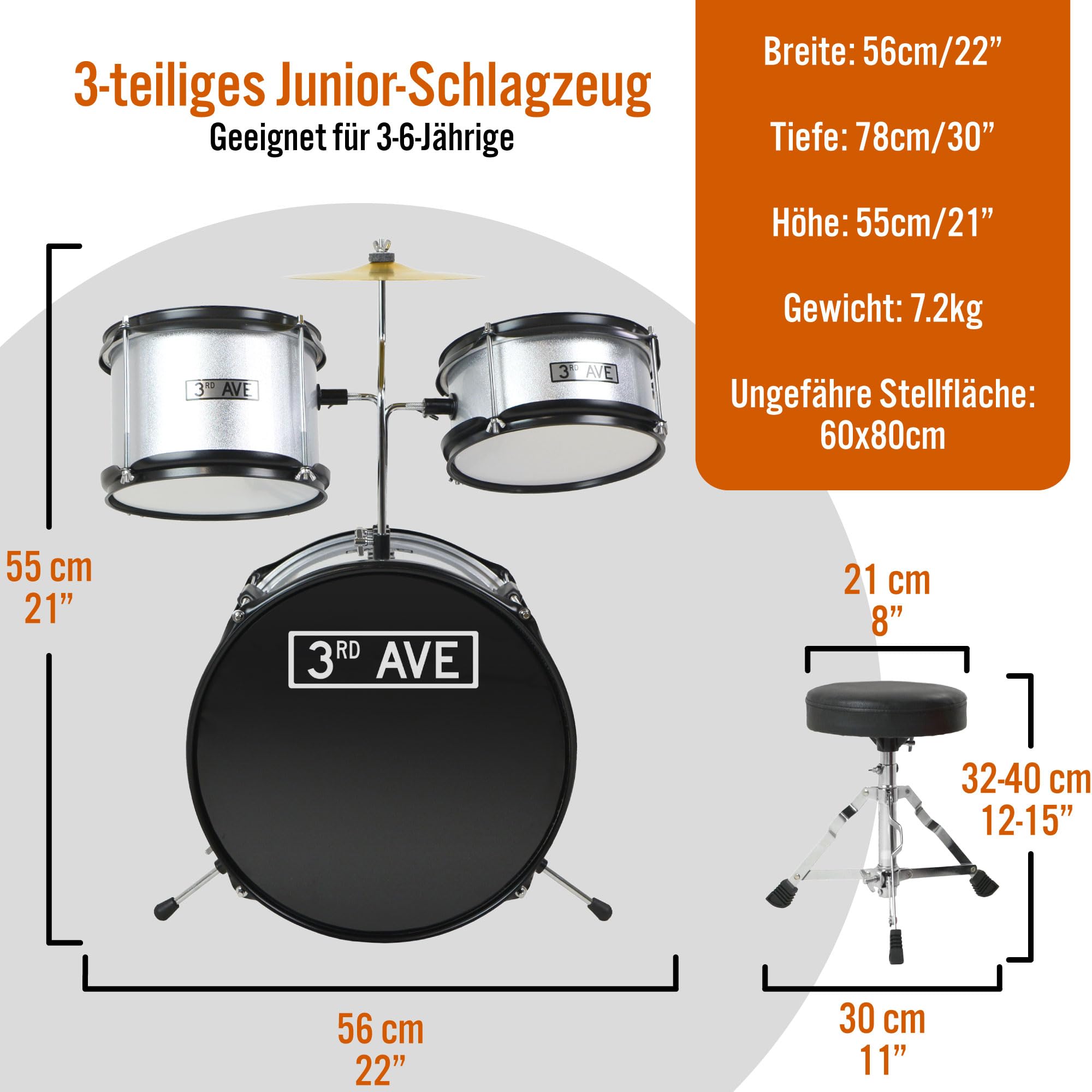 3rd Avenue Junior Kinder-Schlagzeug Für Anfänger, 3-Teiliges Schlagzeug-Set Mit Becken, Hocker Und Stöcken In Silber – Kostenlose 6-Monatige Lektionen