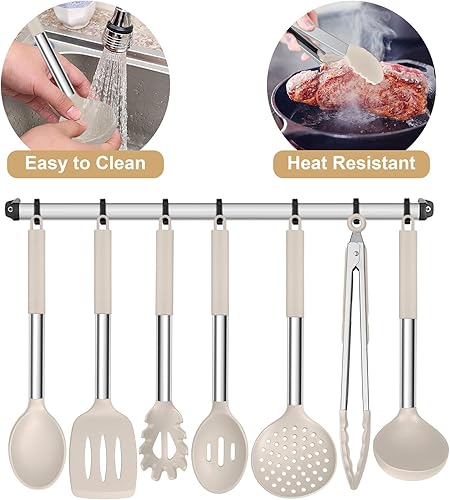 Miniatura 6 de E-far Juego de utensilios de cocina de silicona, 7 piezas de utensilios de cocina resistentes al calor con mango de acero inoxidable, espátula