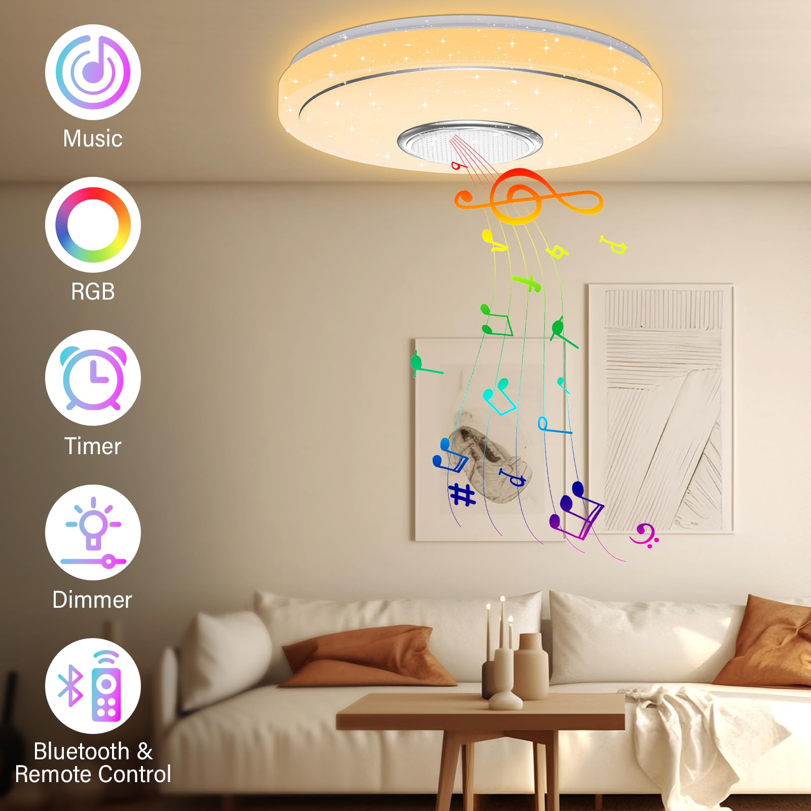 OGVDOE 48W Plafoniera LED Soffitto Dimmerabile Ø30CM Lampada da Soffitto RGB con Altoparlante Bluetooth Plafoniera LED RGB con Telecomando e Controllo APP per Bagno Soggiorno Camera da Letto